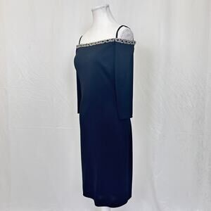 BASIX Black Label Navy Blue Beaded Off-Shoulder Sheath Cocktail Dress, Size 6